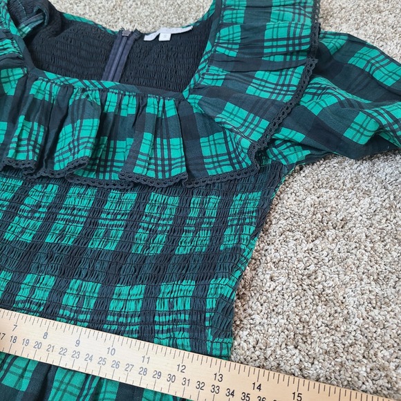 Ivy City Co Plaid Smocked Jumpsuit S Green Blue Puff Sleeve Square Ruffle Neck - Picture 9 of 11